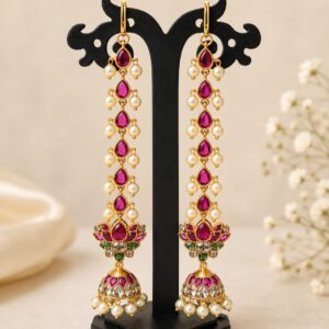 Traditional Kemp Stone Jhumka Earrings – Matte Gold Finish