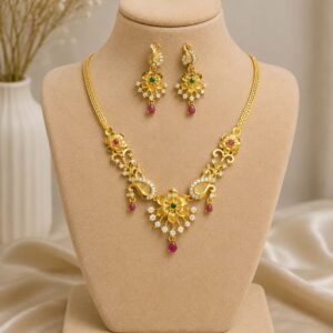 Traditional Floral Gold-Plated Necklace Set with Earrings