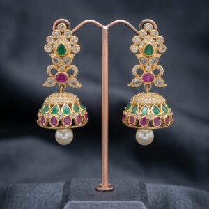 Premium AD Stone Jhumka Earrings with Pearl Drop