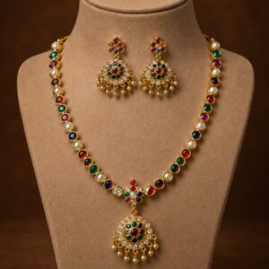 Multicolor Navaratna Stone Antique Necklace Set with Jhumka Earrings