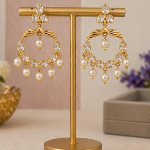 Pearl & Kundan Chandbali Earrings – Gold Plated Ethnic Earrings