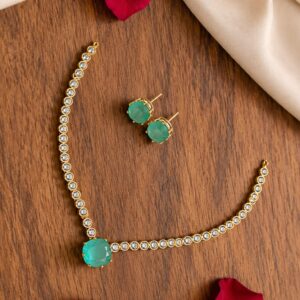 Green Stone American Diamond Necklace Set