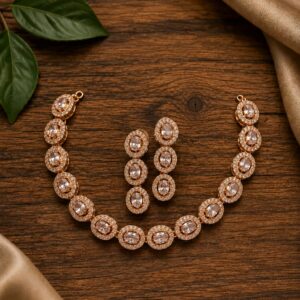 Rose Gold AD Oval Necklace Set with Earrings