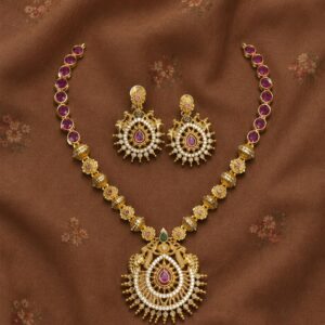 Traditional Temple Style Ruby Stone Necklace Set with Earrings