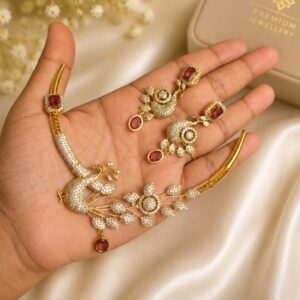 Peacock Design AD Necklace Set with Ruby Stones