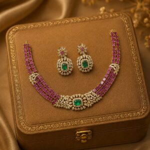 Ruby & Emerald Stone Studded Gold-Tone Necklace Set with Matching Earrings