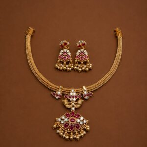 Traditional Gold-Plated Ruby Stone Necklace Set with Earrings