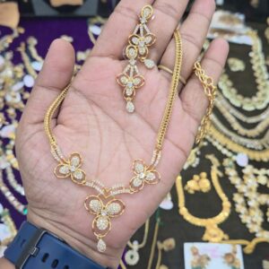 Floral CZ Gold Plated Necklace Set with Matching Earrings
