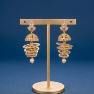 Gold Plated CZ Spiral Jhumka Earrings with Pearl Drop