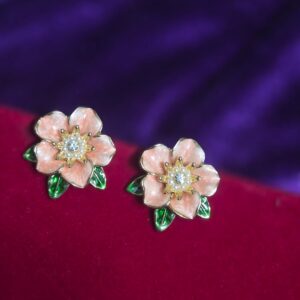 Peach Floral Enamel Stud Earrings with Crystal & Green Leaf Design