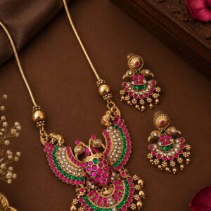 Traditional Peacock Design Gold-Plated Necklace Set with Matching Earrings