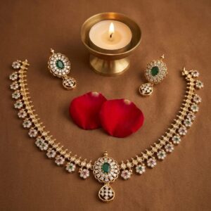 Gold Plated American Diamond Floral Necklace Set with Green Stone