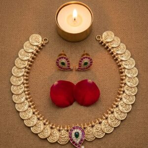 Gold Plated Lakshmi Coin Temple Necklace Set with Green & Ruby Stones