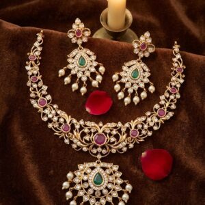 Gold Plated American Diamond Floral Necklace Set with Ruby, Green Stones & Pearl Drops
