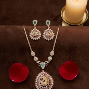 Gold Plated Peacock Pendant American Diamond Necklace Set with Green Stone