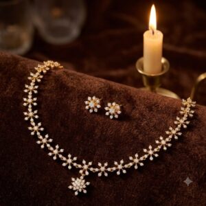 Gold Plated American Diamond Floral Necklace Set with Matching Stud Earrings for Women