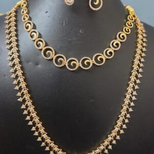 Gold Plated American Diamond Long Haram Combo Set with Spiral Choker & Earrings for Women