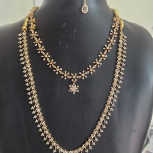 Gold Plated American Diamond Long Haram Combo Set with Floral Necklace & Earrings for Women