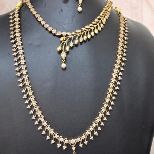 Gold Plated American Diamond Long Haram Combo Set with Leaf Design Necklace & Earrings for Women