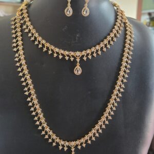 Gold Plated American Diamond Long Haram Combo Set with Heart Design Necklace & Earrings for Women