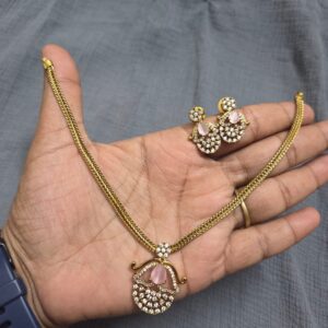 Gold Plated Pink Stone CZ Pendant Necklace Set for Women