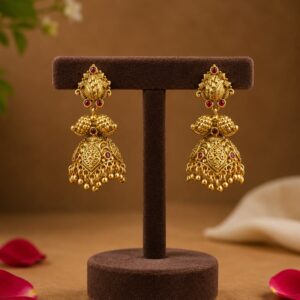 Traditional Antique Jhumka Earrings with Ruby-Colored Stones