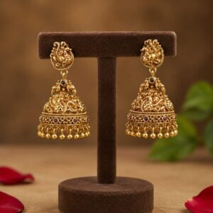 Premium Antique Finish Peacock Jhumka Earrings with Ruby and Green Colored Stone Accents