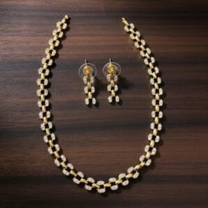 Gold Plated American Diamond Leaf Design Necklace Set with Earrings