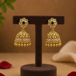 Gold Plated Floral Jhumka Earrings with Green Stone & American Diamonds