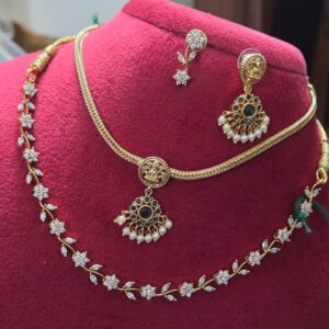 Gold Plated Dual Layer CZ & Black Stone Necklace Set with Earrings
