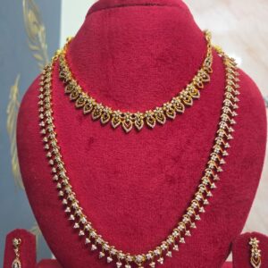 Gold Plated CZ Bridal Combo Necklace Set with Long Haram & Earrings