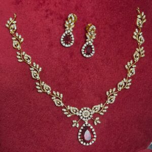 Antique Gold Plated Ruby Red Teardrop CZ Necklace Set with Earrings