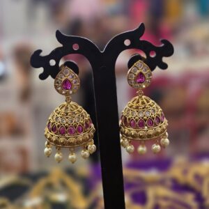 Antique Gold-Plated Pink Kemp Stone Jhumka Earrings with Pearl Drops