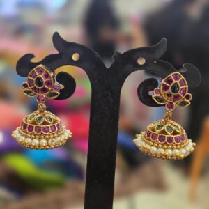 Antique Gold-Plated Pink & Green Kemp Stone Jhumka Earrings with Pearl Border