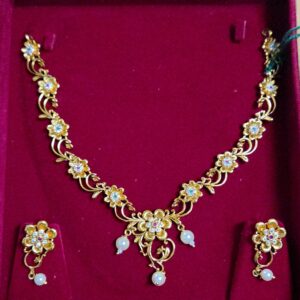 Antique Gold Floral CZ Necklace Set with Pearl Drops