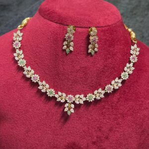Gold Plated Multicolor Floral CZ Necklace Set with Matching Earrings