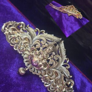 Antique Gold Finish Radha Krishna Designer Hair Clip with Floral Leaf Motif for Women