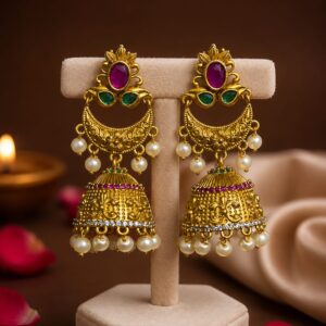 Traditional Gold-Plated Chandbali Jhumka Earrings with Ruby, Green Stones & Pearl Drops