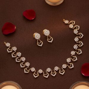 Gold Plated CZ Floral Necklace Set with Matching Stud Earrings