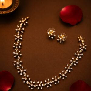 Gold Plated CZ Floral Necklace Set with Matching Stud Earrings