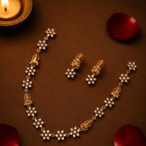 Gold Plated CZ Floral Necklace Set with Matching Drop Earrings