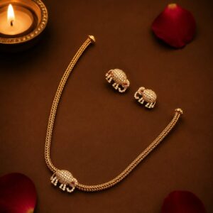 Gold Plated CZ Elephant Pendant Necklace Set with Stud Earrings