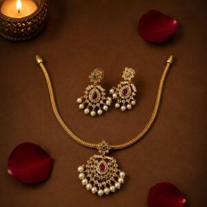 Gold Plated Kemp Stone Pearl Pendant Necklace Set with Earrings