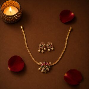 Gold Plated Floral Kemp Stone Pendant Necklace Set with Pearl Earrings