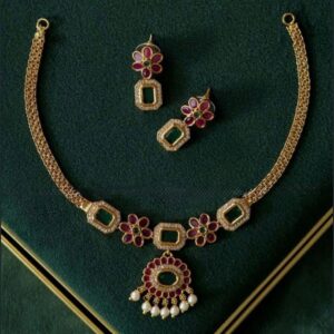Gold Plated Kemp Stone Floral Necklace Set with Pearl Drops