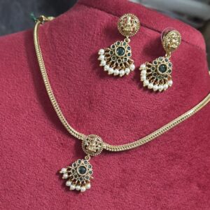 Gold Plated Green Stone Pendant Necklace Set with Pearl Drop Earrings
