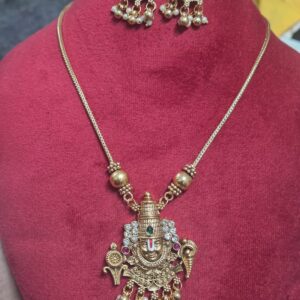 Antique Gold Finish Lord Venkateswara Temple Pendant Chain with Matching Earrings