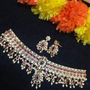 Purple and Green Stone Pearl Choker Necklace Set