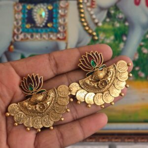 Traditional Lotus Coin Statement Earrings – Antique Gold Finish