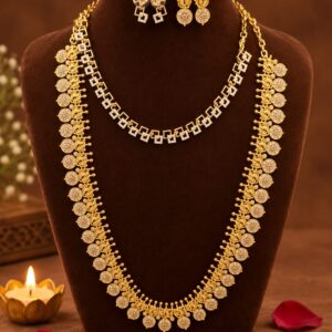 Gold Plated Designer Long Necklace Set with CZ Chain & Coin Detailing